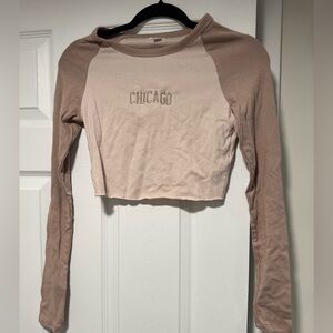 Garage Beige and Brown Long Sleeve Crop Top